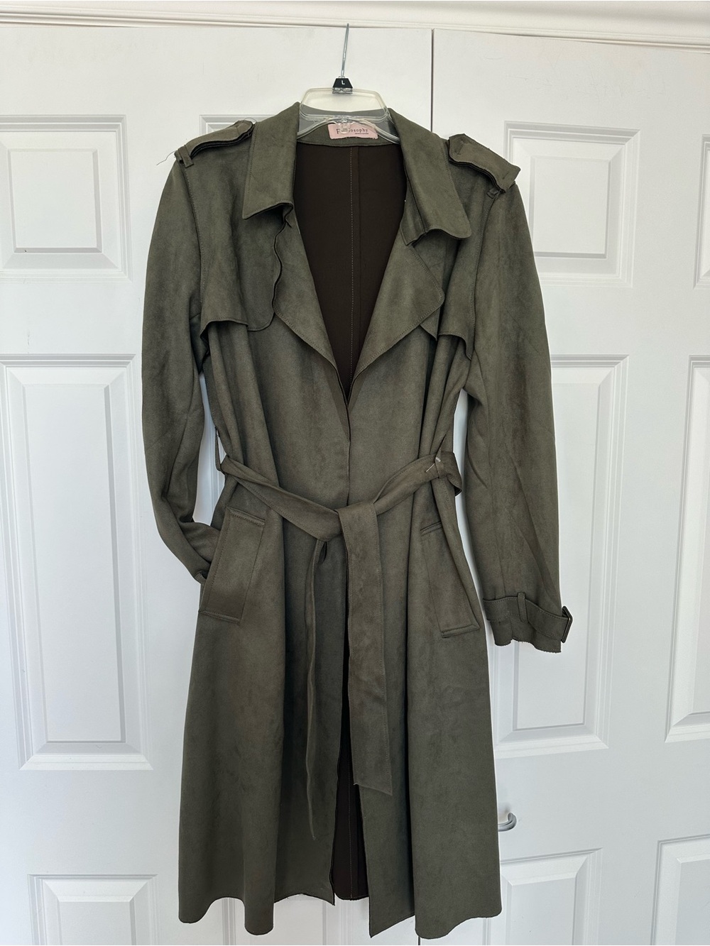 Philosophy Olive Green Suede-Look Trench Coat